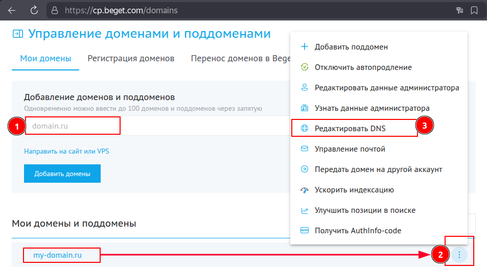 Контекстное меню домена и выбор "Редактировать DNS"